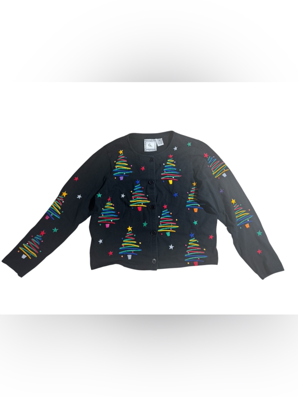 Michael Simon Lite Christmas Tree Cardigan Embroidered Black Size Medium